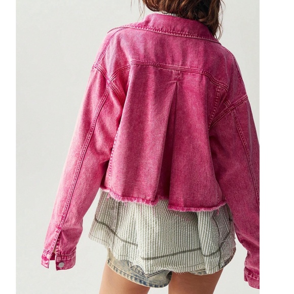 Hot Pink Mineral wash Frayed Hem Button Jean Denim Jacket - Picture 2 of 6